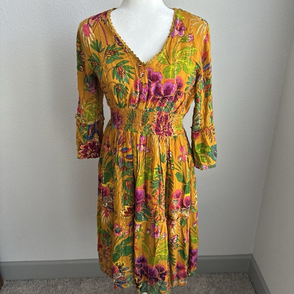 Me 2 Magic Mustard Floral Boho Midi Dress Metallic Gold Tiered Mustard Smocked